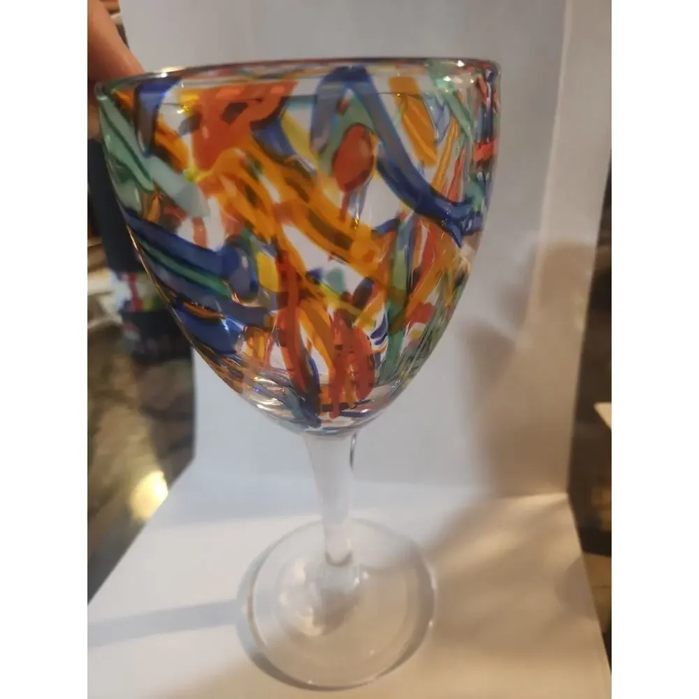Pier 1 Imports Confetti Wine Goblet Glass Splatter Art - Large 8”